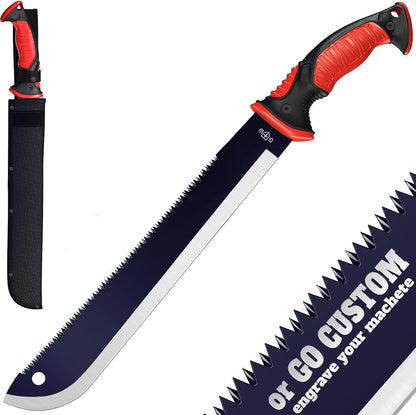 Machete with Saw - 19” Heavy Duty Tool & Sheath - Ergonomic No-Slip Handle - Survival Knife with Serrated Blade - Machetes for Bushcraft Hunting Garden Cutting Trees and Yard Work