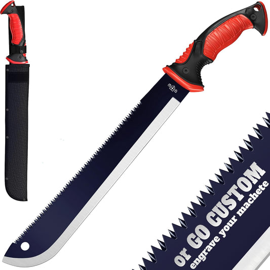 Machete with Saw - 19” Heavy Duty Tool & Sheath - Ergonomic No-Slip Handle - Survival Knife with Serrated Blade - Machetes for Bushcraft Hunting Garden Cutting Trees and Yard Work