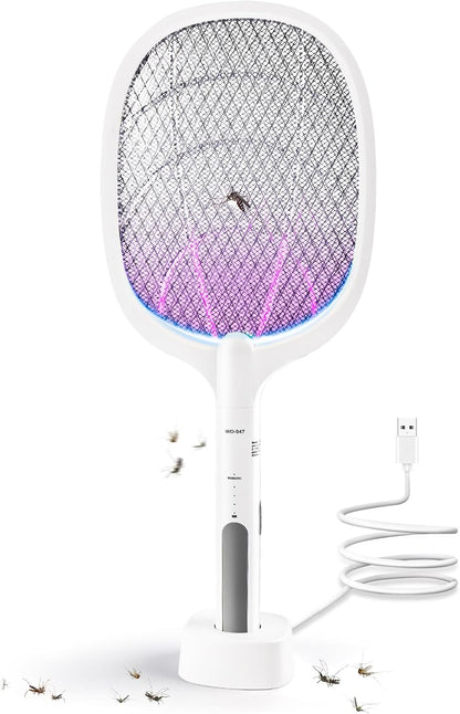 Electric Fly Swatter Indoor & Outdoor 3000V Bug Zapper Racket Dual Modes Mosquito Killer with Purple Mosquito Light Rechargeable Fly Zapper for Indoor Home Office Backyard Patio Camping