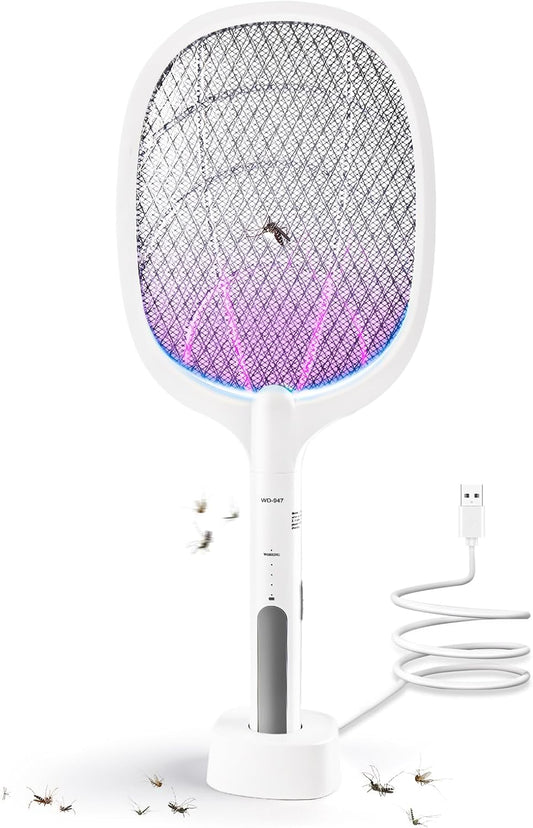 Electric Fly Swatter Indoor & Outdoor 3000V Bug Zapper Racket Dual Modes Mosquito Killer with Purple Mosquito Light Rechargeable Fly Zapper for Indoor Home Office Backyard Patio Camping
