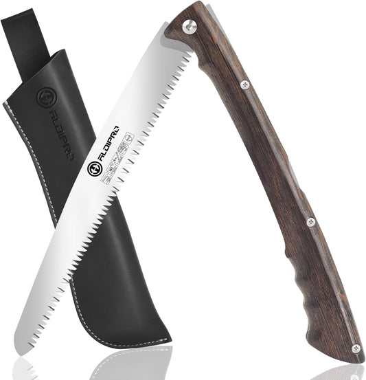Folding Pruning Saw 10 Inch with Leather Sheath and Wenge Wooden Handle, SK5 Steel Blade, Foldable Hand Saw for Camping, Survival, Wood Cutting, Bushcraft and Tree Trimming