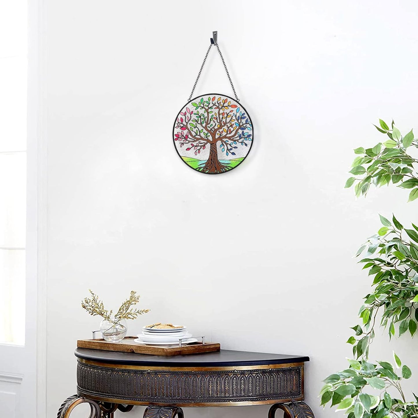 Tuitessine Tree of Life Stained Glass Suncatcher Four Season Theme Colorful Leaves Window Wall Hanging Ornament Hand-Painted Glass Panel Decor Gift for Women Christmas Thanksgiving Gift 6.3 * 6.3”