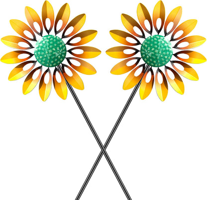 2pcs Sunflower Wind Spinner Outdoor, Freestanding Kinetic Wind Sculpture with Stake, Metal Windmill for Outside Garden Lawn Yard Art Decorations Yellow