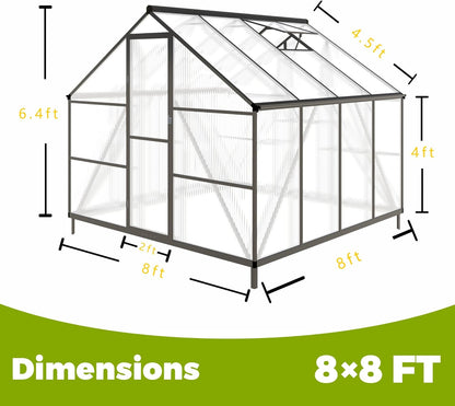 8x8 FT Greenhouses for Outdoors, Polycarbonate Greenhouse with PC Panels, Greenhouses for Outdoors for Yard, Garden, Hobby, Dark Grey