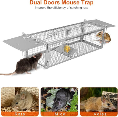 Moclever Humane Live Rat Trap – Dual-Door Rodent Cage with High-Sensitivity Gravity Pedal, Escape-Proof Dense Mesh, Zinc Electroplated for Durability, Indoor & Outdoor Use – 16.53” x 6.1” x 4.33”