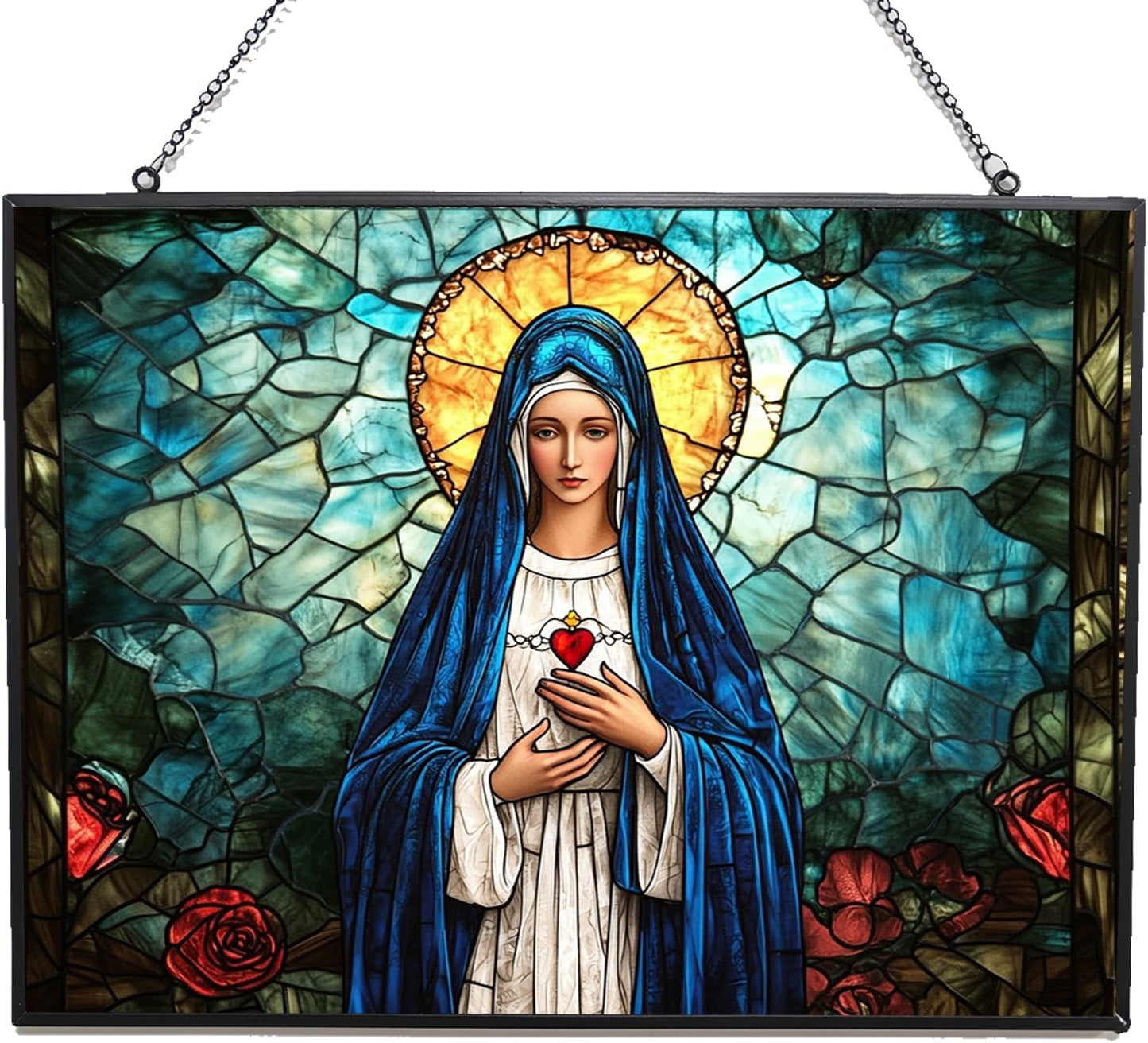 Rectangle Virgin Mary Stained Glass Window Hangings, Cat Butterfly Sunflower Handcrafted Stained Glass Suncatchers, Gift for Cat Lovers Nature Lovers 15"x11"