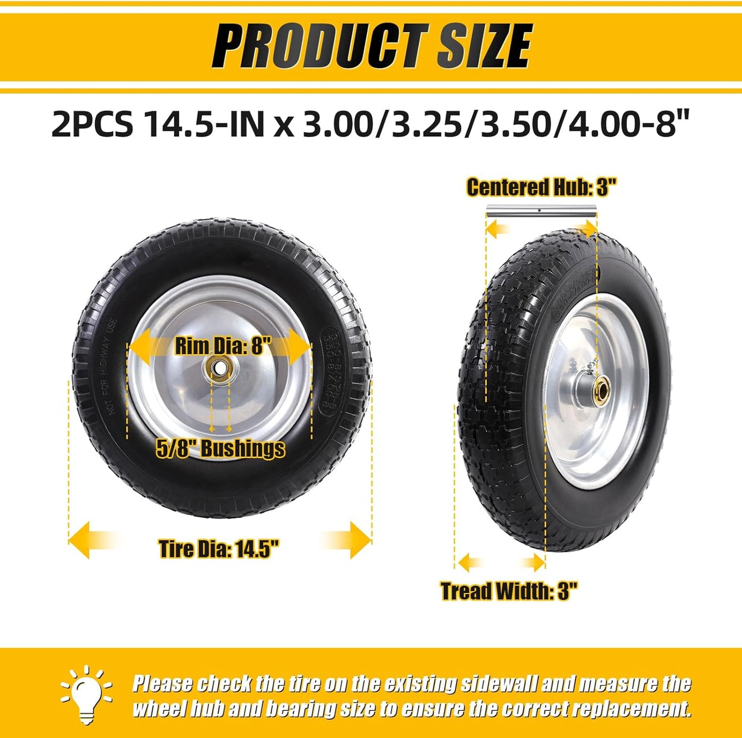 MZREXN 14.5" Wheelbarrow Tire Flat-Free 3.00/3.25/3.50/4.00-8" Solid Tire and Wheel with 3"-7" Centered Hub, 3/4" & 5/8" Bearings Replacement for Hand Truck/Dolly/Utility Cart/Garden Cart 2PCS Silver