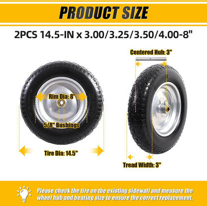 MZREXN 14.5" Wheelbarrow Tire Flat-Free 3.00/3.25/3.50/4.00-8" Solid Tire and Wheel with 3"-7" Centered Hub, 3/4" & 5/8" Bearings Replacement for Hand Truck/Dolly/Utility Cart/Garden Cart 2PCS Silver