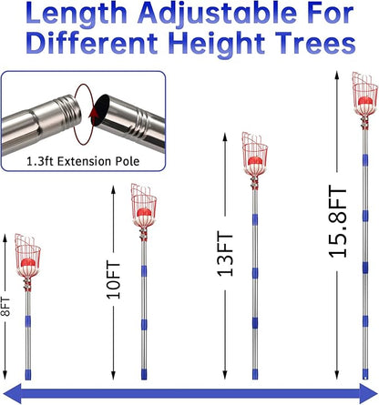 Fruit Picker Pole with Basket - 8 Foot Adjustable Height Fruit Picker Tool with Stainless Steel Fruit Picking Pole for Apple Cherry Berry Fit Orange Blueberry Mango Avocado Lemon Peach