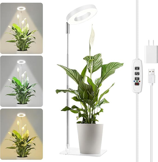 White Grow Lights for Indoor Plants Full Spectrum, 48 LEDs Plant Light for Indoor Plants, Height Adjustable, Small Halo Growing Lamp with Base, Auto Timer 3/9/12H, 3 Light Spectrums,10 Brightness