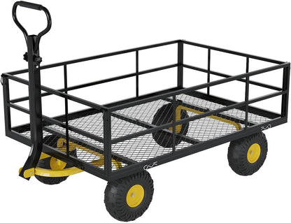 Metal Wagon - 1200lbs Garden Cart with 10" Multi-Terrain Tires, 4 Removable Mesh Sides & 180° Swivel Handle, Yard Wagon Cart for Lawn, Yard, Patio Gardening