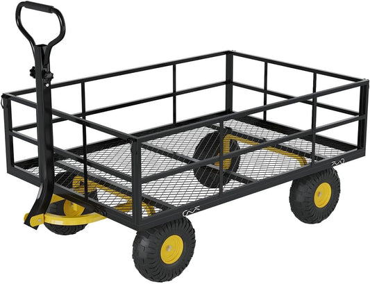 Metal Wagon - 1200lbs Garden Cart with 10" Multi-Terrain Tires, 4 Removable Mesh Sides & 180°