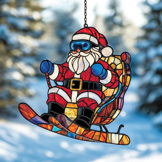 Funny Santa Claus Skiing Acrylic Suncatcher Stained Glass Effect Window Car Hanging Christmas