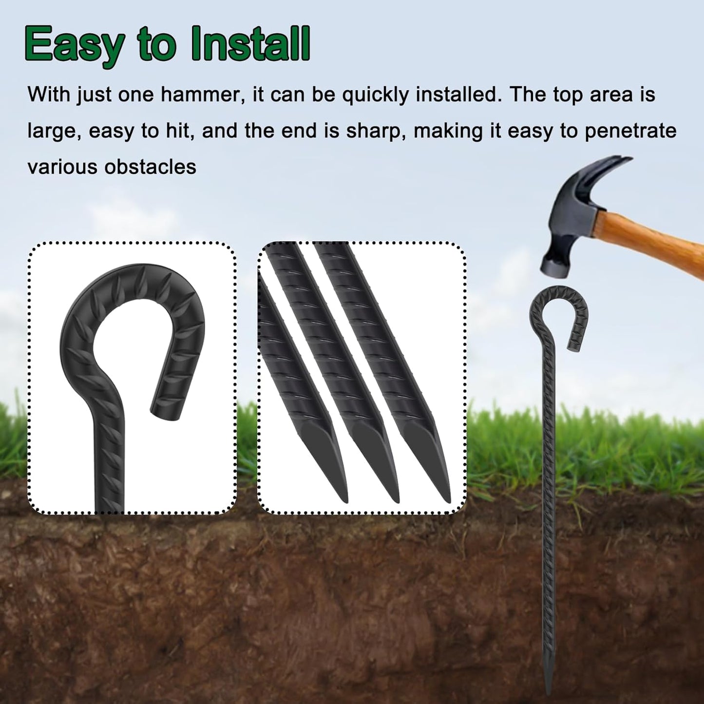 Rebar Stakes 24 Inch with Loop (Set of 6) | 1/2 Inch Thick Tree Stakes and Supports, Steel Tarp Pegs, Camping Tent Ground Anchors | Create Rope Border, Fence, Pathway | for 1.18" Diameter Rope (Black)