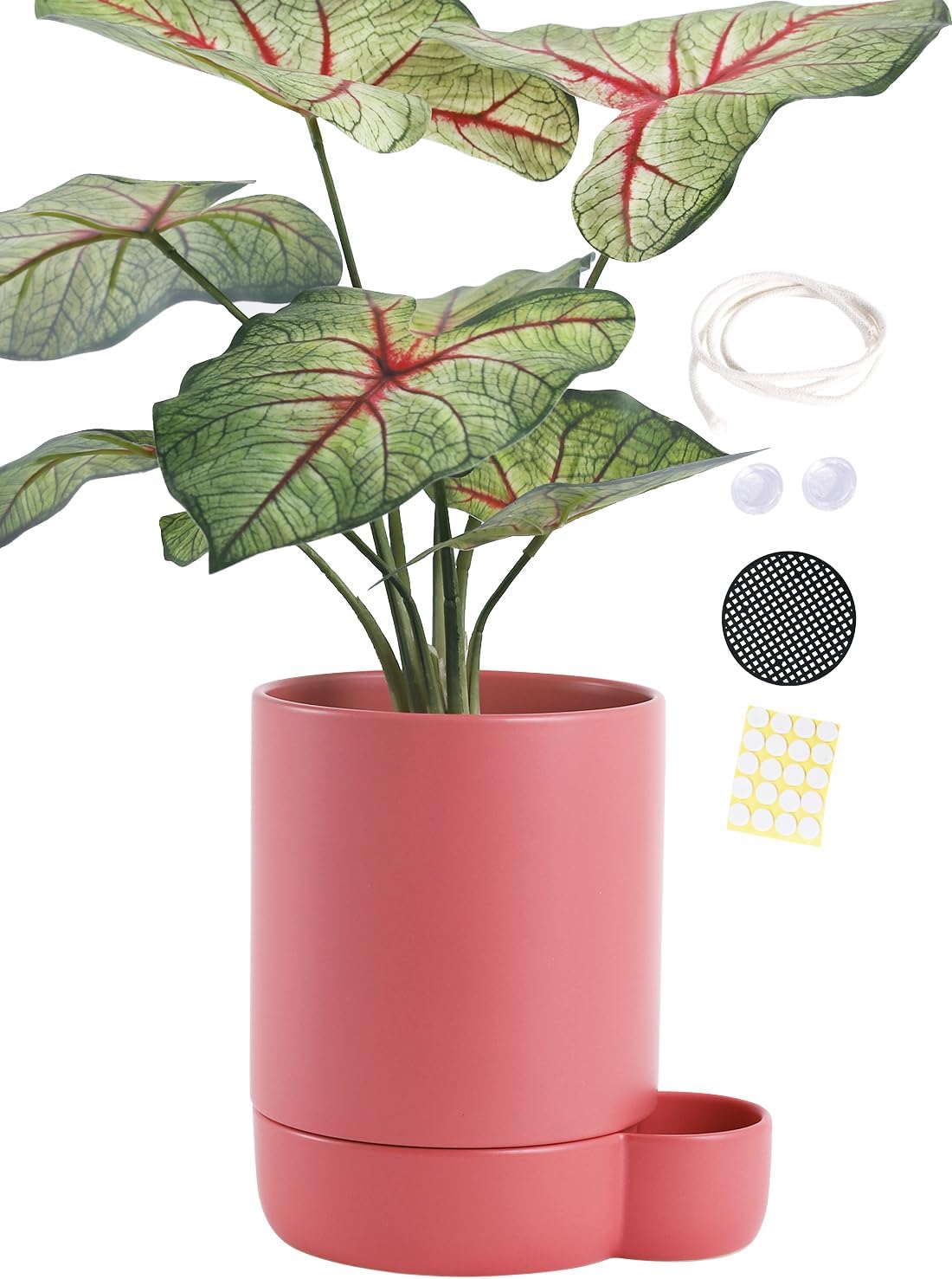 5.5 Inch Ceramic Self Watering Planters with Absorbent Cotton Rope, Cylinder Round Flower Pot for Succulent, Herbs, African Violets, Pink, 1 Pack
