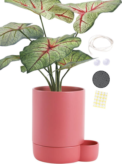 5.5 Inch Ceramic Self Watering Planters with Absorbent Cotton Rope, Cylinder Round Flower Pot for Succulent, Herbs, African Violets, Pink, 1 Pack