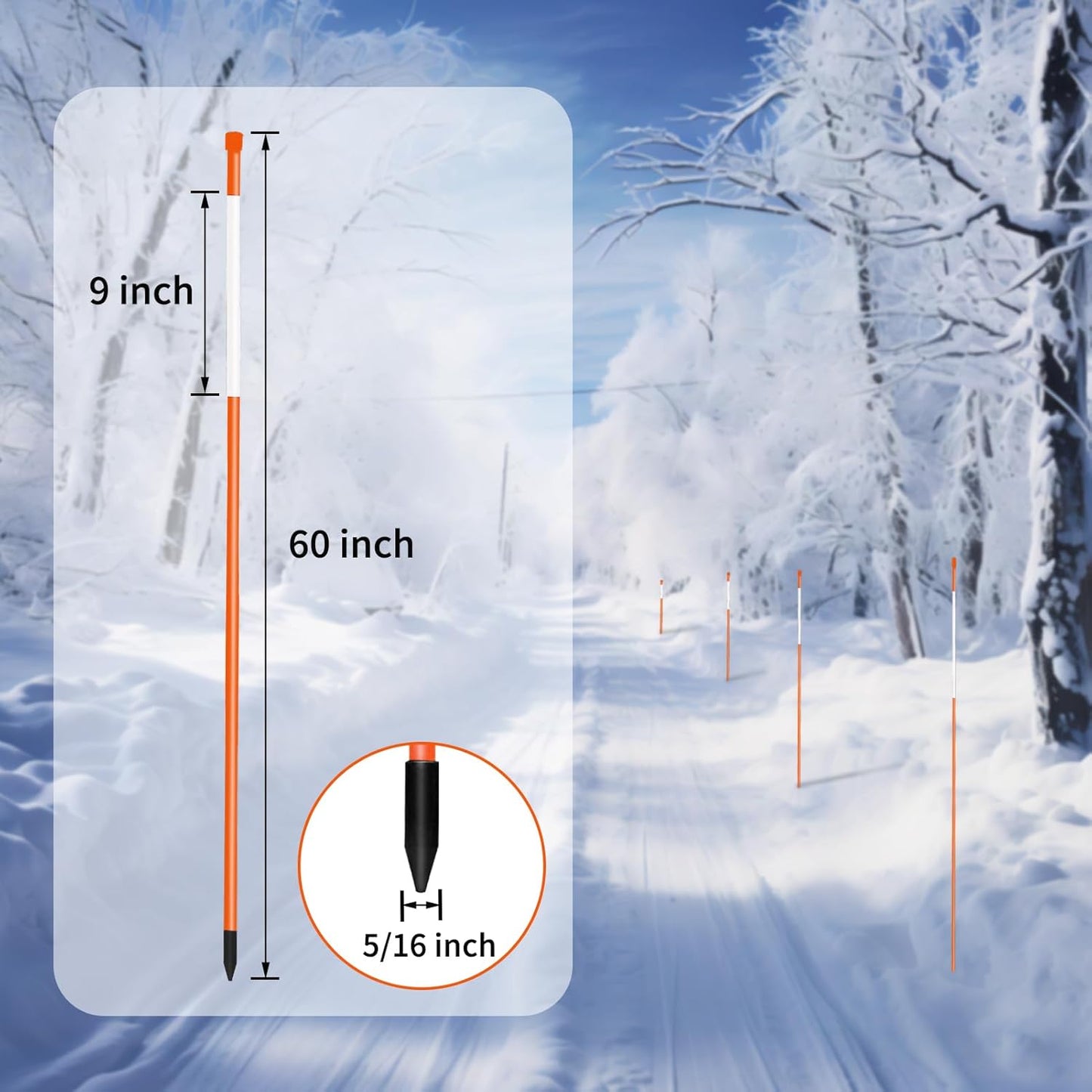 Growsun Driveway Marker 5ft Orange Fiberglass 5/16 inch Dia Snow Fence Reflective Plow Stakes for Yard Walkways Parking Lots Safety Rods Edge, 50 Pack