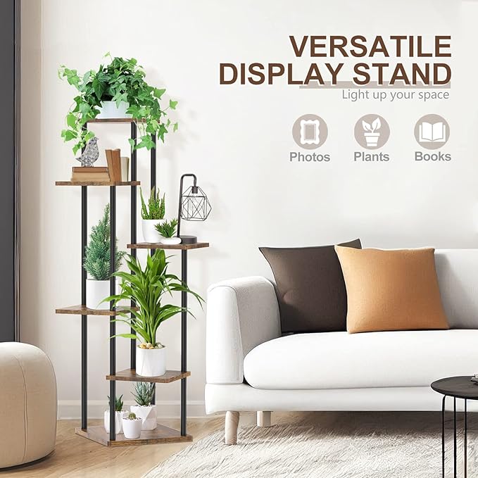 6 Tier Plant Stand Indoor Outdoor, Tall Corner Wood Metal Plant Shelf Holder Clearance, Large Multiple Flower Pot Rack for Patio Orchid Office Porch Living Room Bedroom Garden Balcony, Black