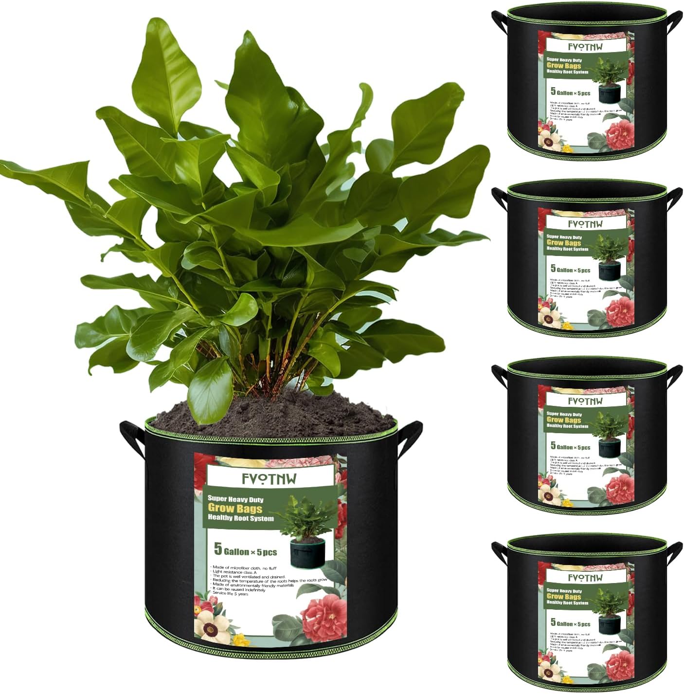 5-Pack 5 Gallon Plant Grow Bags, Thickened Nonwoven Fabric Pots with Handles,Durable Garden Planters Aeration Gardening Container to for Plants, Vegetables, and Flowers
