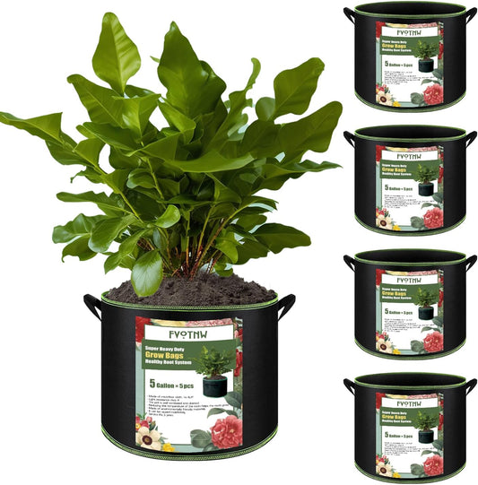 5-Pack 5 Gallon Plant Grow Bags, Thickened Nonwoven Fabric Pots with Handles,Durable Garden Planters Aeration Gardening Container to for Plants, Vegetables, and Flowers