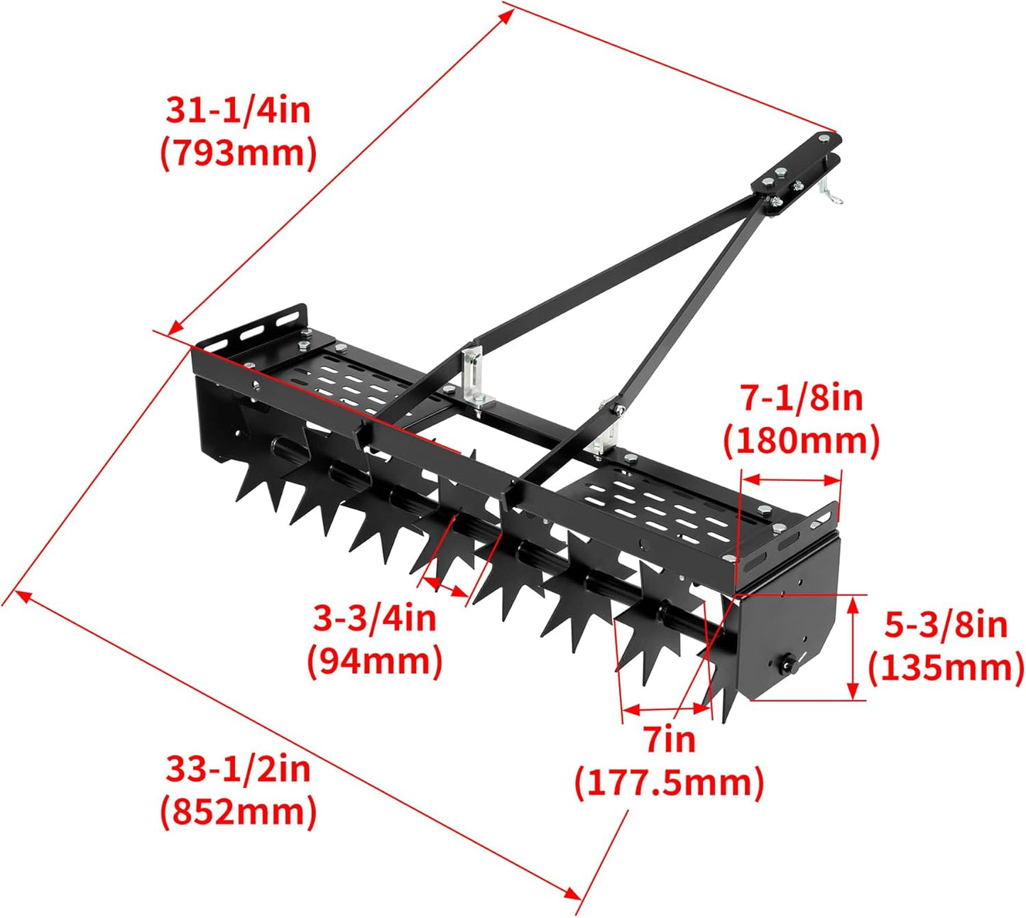 32" Tow Behind Spike Aerator Tool W/ 8 Spikes, Hitch Pin Attach to Lawn Tractor, Most ZTRs, ATVs Soil Mower Hitch, Lawn Soil Penetrator for Gardens, Lawns, Farms