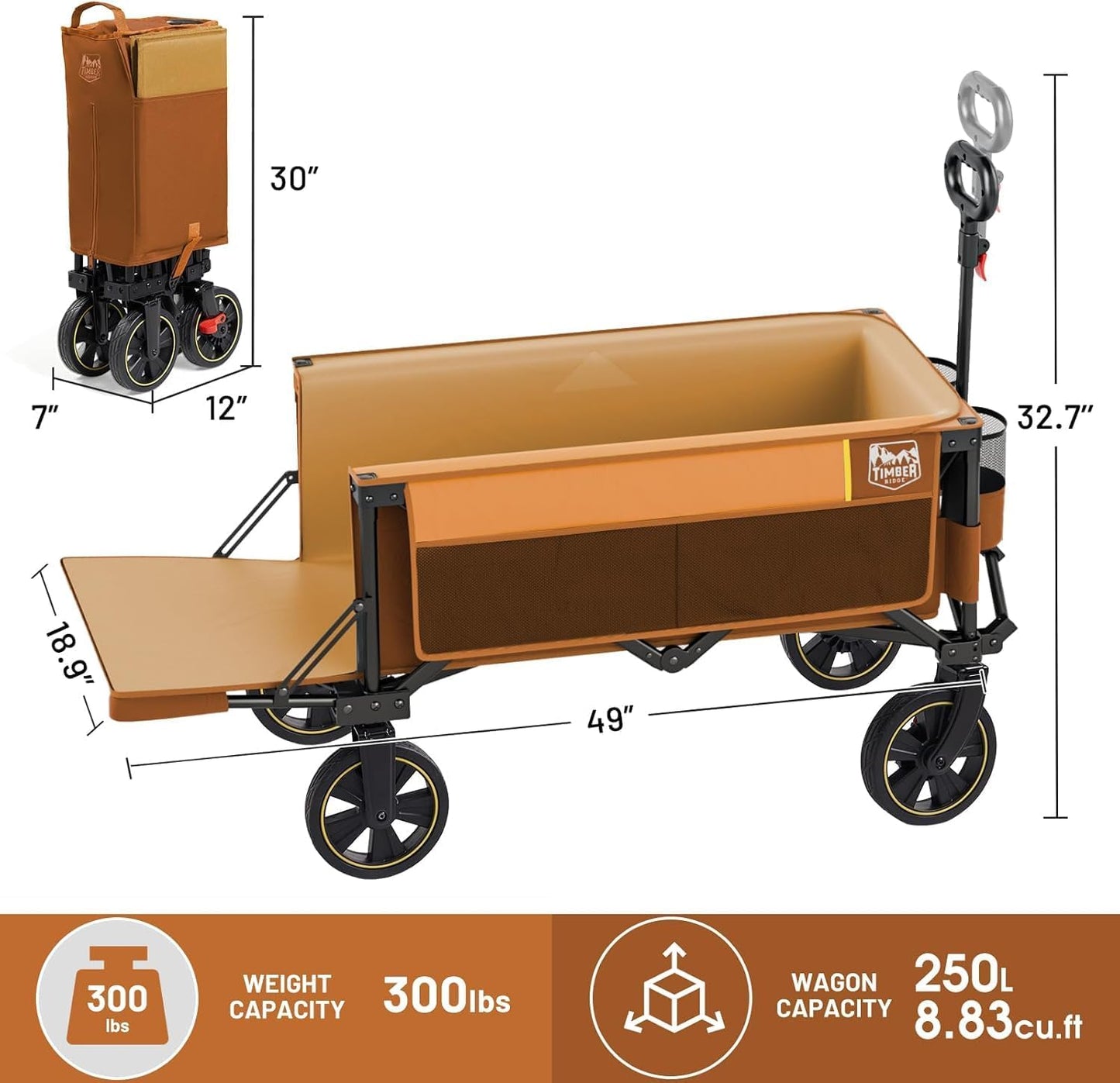 TIMBER RIDGE 49" Extra Long Collapsible Folding Wagon with Tailgate and Brakes, 250L Capacity All-Terrain Wagon Carts Foldable, 300lbs Portable Cart for Dog, Garden, Outdoor Camping Sports, Orange