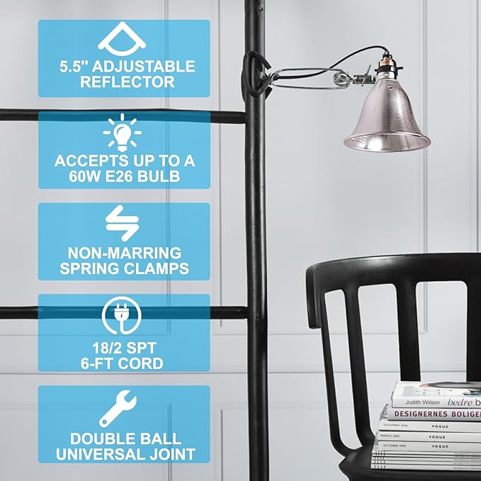 Simple Deluxe Clamp Lamp Light 60 Watt with 5.5 Inch Aluminum Reflector (no Bulb Included), 6 Feet Cord, 2 Pack, Black