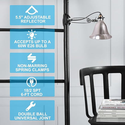 Simple Deluxe Clamp Lamp Light 60 Watt with 5.5 Inch Aluminum Reflector (no Bulb Included), 6 Feet Cord, 2 Pack, Black