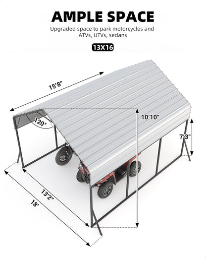 GarveeLife 13 ft x16 ft x11 ft Metal Carport, Steel Heavy Duty Car Ports for All-Weather, for Cars, Motorcycles, ATV, or Boats, N.W. 500 LBS