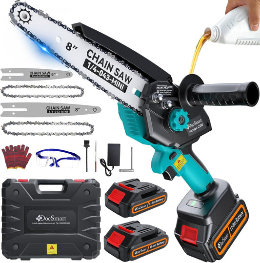 Mini Chainsaw Cordless, 8 inch & 6 inch Electric Chain Saw with 2 Pack Rechargeable Batteries, Battery Powered Handheld Saw for Trees Trimming Wood Cutting, Perfect Gardening Tools for Men Dad Husband