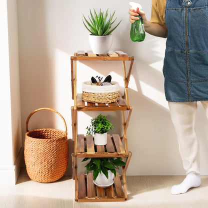 BEEFURNI Acacia Plant Stand Indoor Corner, Wooden Outdoor 4 Tier Corner Planter Stand, Foldable Shelf Display, Tall Plant Bench for Succulent, Easy Assembly, Window Decor, 1-year Manufacturer Warranty