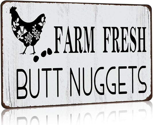 Funny Chicken Gifts Chicken Farm Fresh Butt Nuggets Tin Sign for Home Farm Chicken Coop Farmhouse Kicthen Garden Decor 8 X 12 Inch (3189)