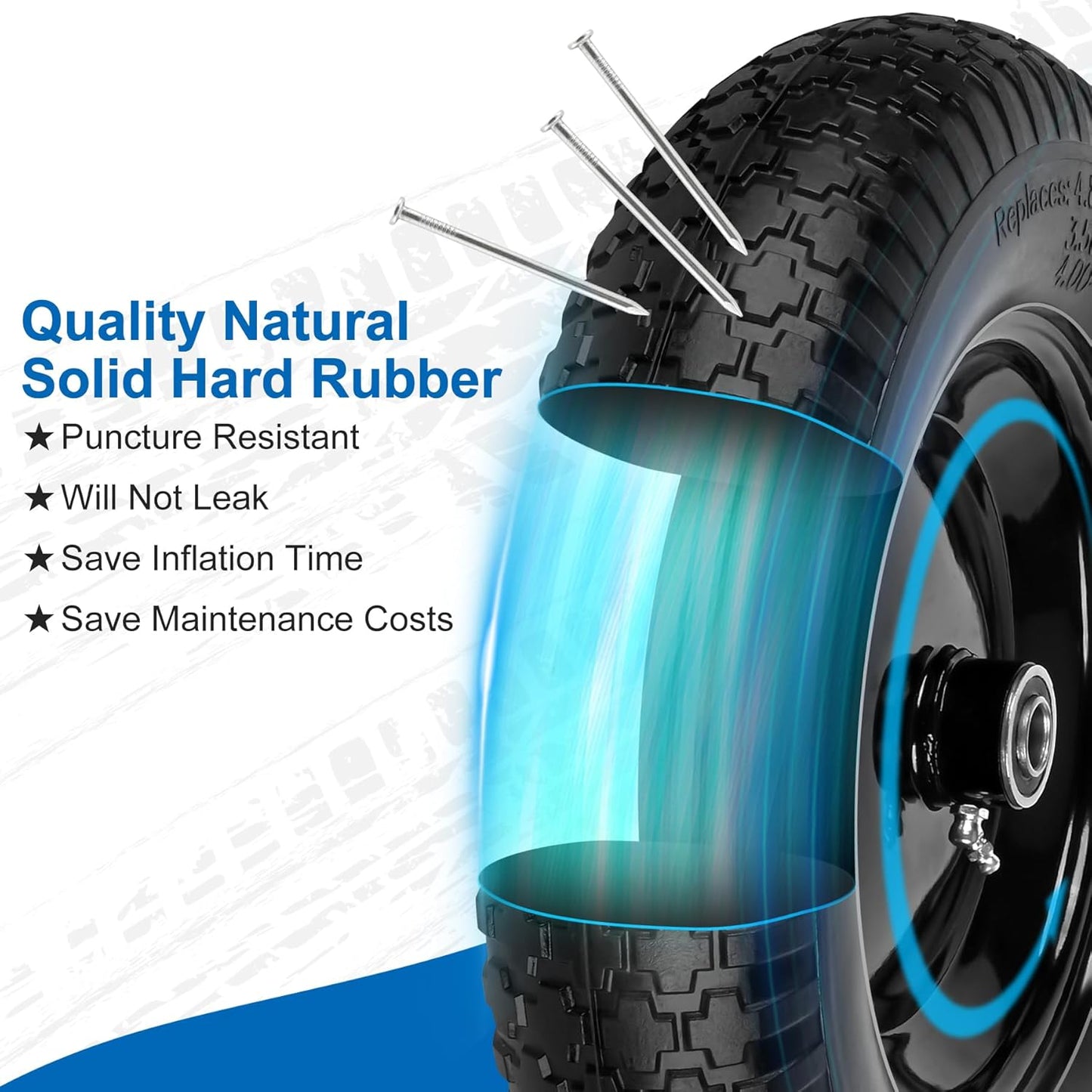 4.80/4.00-8" Flat Free Wheelbarrow Tires and Wheels, 14.5" Universal Fit Solid Tires with 5/8" or 3/4" Bearing, 3"-7" Hub, Adapter Kit Hand Truck Wheels Replacement for 3.50/2.50-8", 4.00-6"etc, 2 PCS