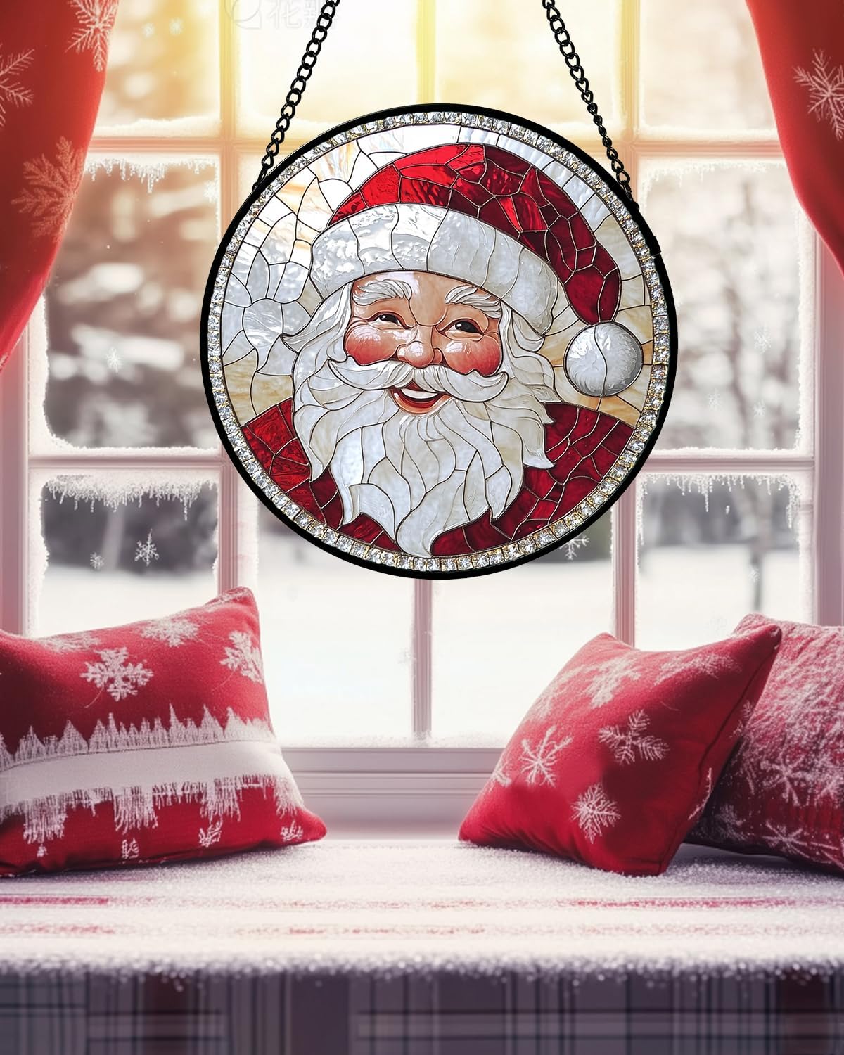 Stained Glass Window Hanging - Santa Claus with White Beard Suncatcher for Doors Home Christmas Decoration Winter Sun Catcher Thanksgiving New Year Birthday Gifts for Women Men Mom Nana 15 in
