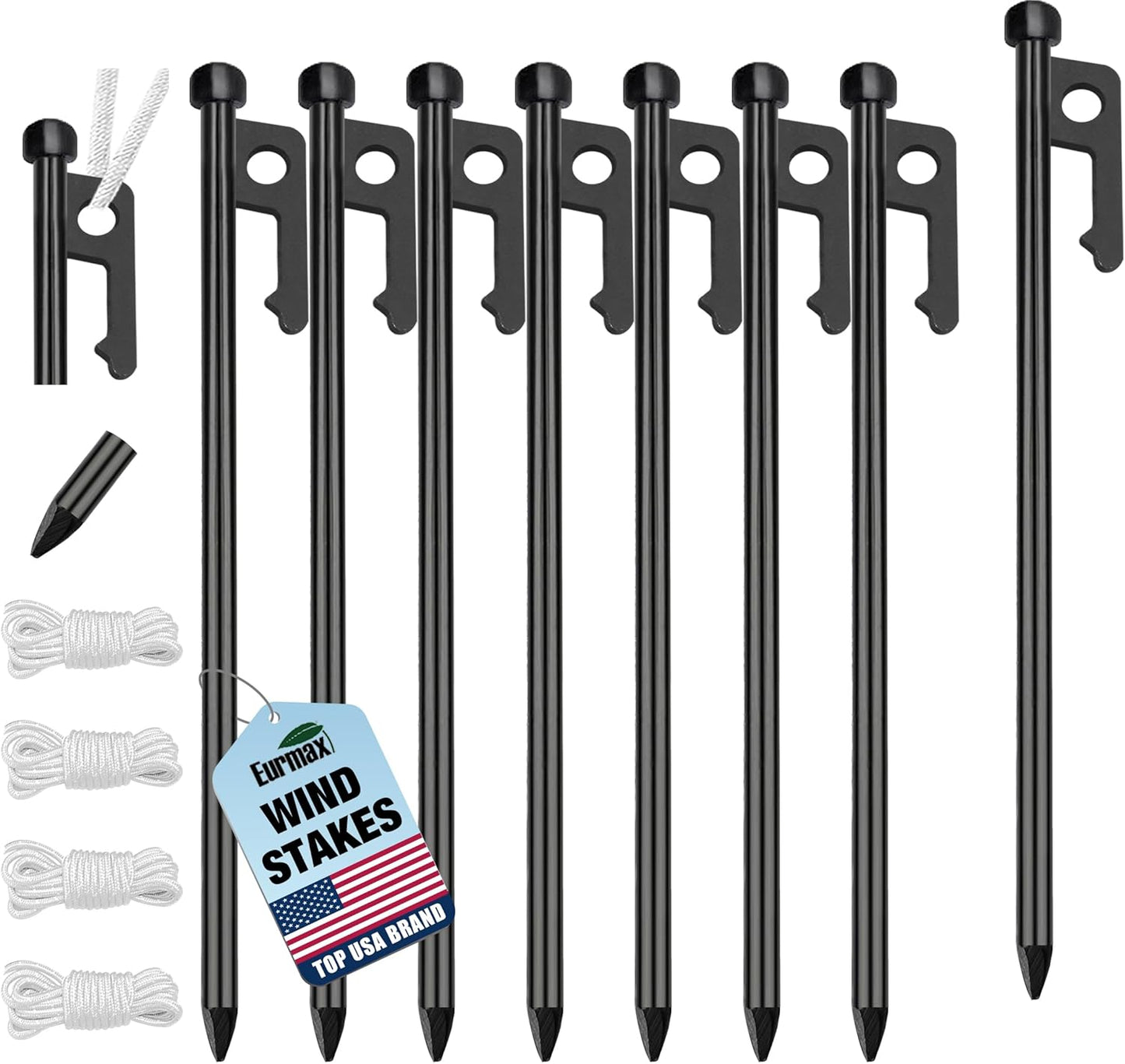 Eurmax USA 10 inch Multiuse Heavy Duty Steel Tent Stakes Tarp Pegs Camping Stakes for Outdoor Camping Canopy and tarp with 4 Ropes 10FT Length,8pcs(Black)
