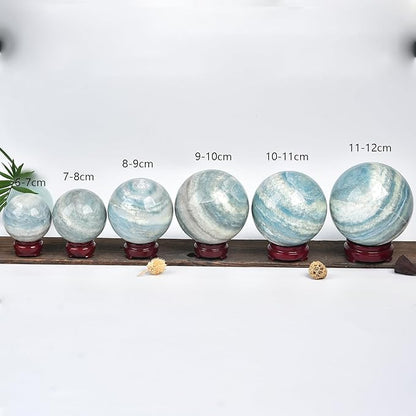 JIC Gem Natural Trolleite Crystal Ball Sphere Blue Healing Crystal Gemstone Ball with Display Stand Home Decor Meditation Grid Energy Balance (50-60mm)