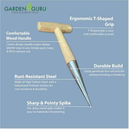 Garden Guru Steel Dibber Planter Tool for Planting Seeds & Bulbs - High Carbon Steel & Comfortable Wood Carved Handle - for Consistent Planting Flowers Tulips, Daffodils, Dahlias (2 Pack)