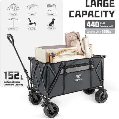 Whitsunday Heavy Duty Collapsible Wagon Cart,440Lbs Folding Outdoor All Terrian Wheel Utility Camping Park Wagon Cart with Table Grey