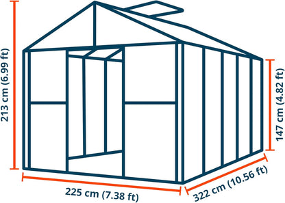 Greenhouse Topas 5 Aluminum Frame 7.4 x 10.6 ft Approx. 8 mm Polycarbonate Panels - with Bonus Base Frame and Automatic Vent Opener