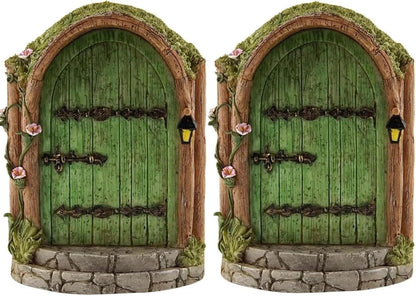 2Pcs Green Fairy Door Wooden Miniature Fairy Gardens Doors Outdoor Mini Fairy Gnome House Accessories for Tree Trunk Ornaments Garden Miniatures, Outdoor Statues,Garden Sculptures and Statues