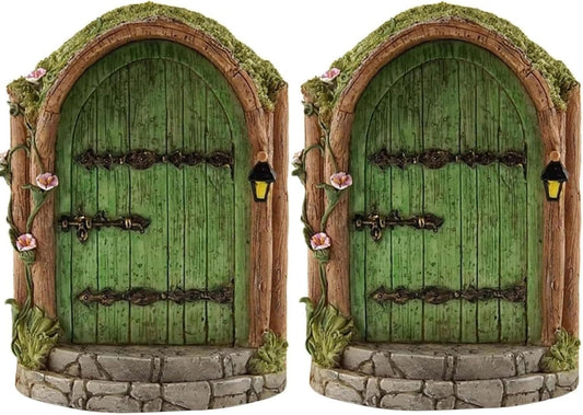 2Pcs Green Fairy Door Wooden Miniature Fairy Gardens Doors Outdoor Mini Fairy Gnome House Accessories for Tree Trunk Ornaments Garden Miniatures, Outdoor Statues,Garden Sculptures and Statues