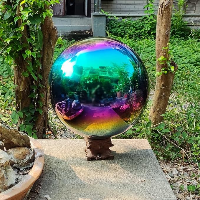 38cm/15 inch Garden Sphere Mirror Gazing Ball,Rainbow Stainless Steel Polished Reflective Smooth Hollow Globe Ball,Durable Colorful and Shiny Decorations Addition to Garden Patio Yard Home