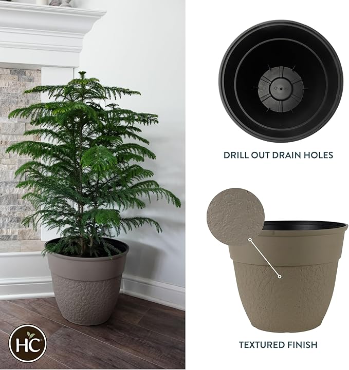 The HC Companies 16 Inch Brookhaven Decorative Round Planter - Lightweight Premium Resin Plant Pot with a Stonelike Texture for Indoor Outdoor Use, Taupe
