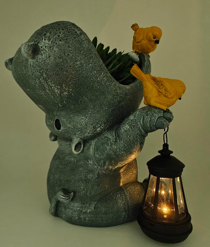 Large Hippo Solar Garden Outdoor Statues Hippo Planter Flowers Vase for Fresh/Artificial Hippo Figurine Garden Statue with Solar Lantern Bird Statue Hippo Gifts Housewarming Gift