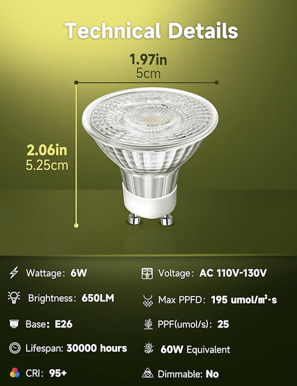 GU10 Grow Light Bulb, Full Spectrum Plant Grow Lights, Natural White 4000K Plant Light for Indoor Plants for Small Plant Pots, 6W LED Grow Light, Grow Lamp for Low Light Plants, 3 Pack