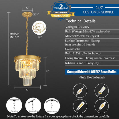 Crystal Chandeliers for Dining Room Light Fixtures Over Table，4-Lights Modern Gold Crystal Pendant Lighting Fixture，3 Tiers Small Chandeliers for Kitchen Island Bedroom Entryway D12 Inch