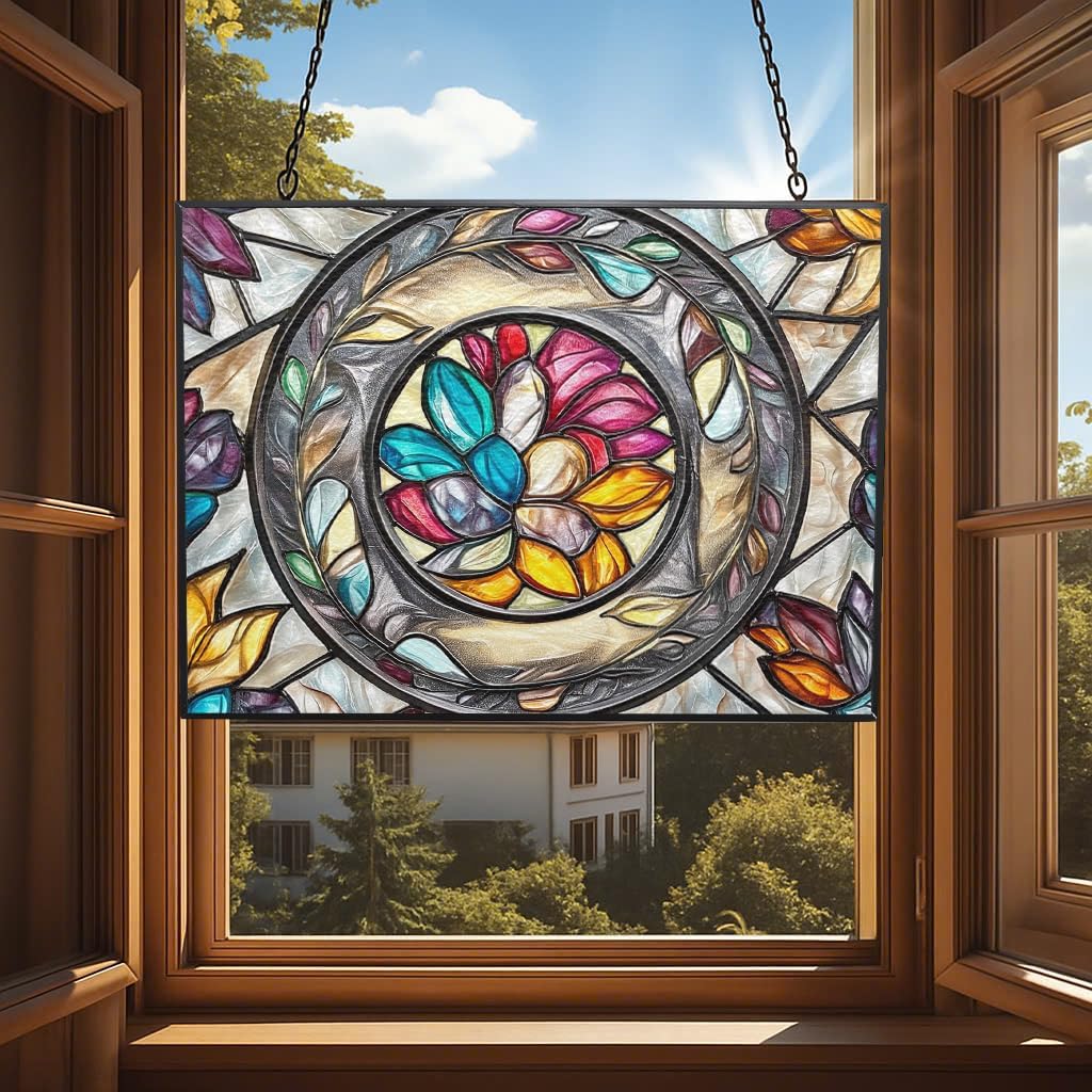 Customized Rectangle Floral Ring Suncatcher Stained Glass Window Hangings Sun Catchers Colorful Ornament Gifts for Women Mom Wife Halloween Christmas Housewarming