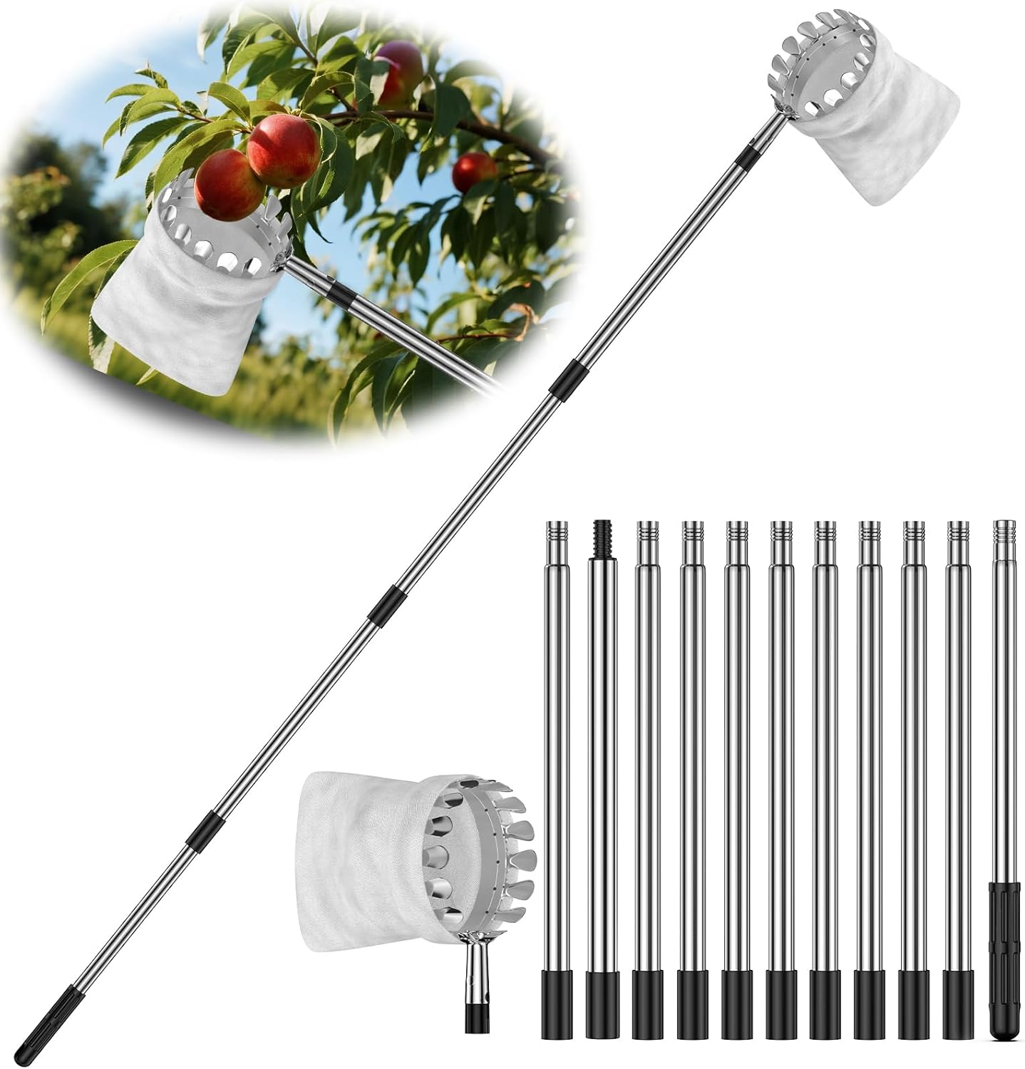 13.8 FT Fruit Picker Tool with Stainless Steel Pole & Soft Basket – Adjustable Tree Fruit Harvester for Apple, Mango, Avocado, Orange, Pear, Lemon & More – Lightweight & Rust-Resistant