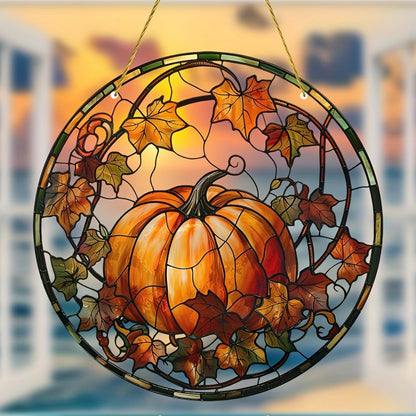Halloween Suncatcher for Window Hanging Pumpkin Maple Leaves Designs Fall Acrylic Sun Catchers Horror Round Ornament Glass Decoration for Thanksgiving Garden Home Party Supplies 7.87inch