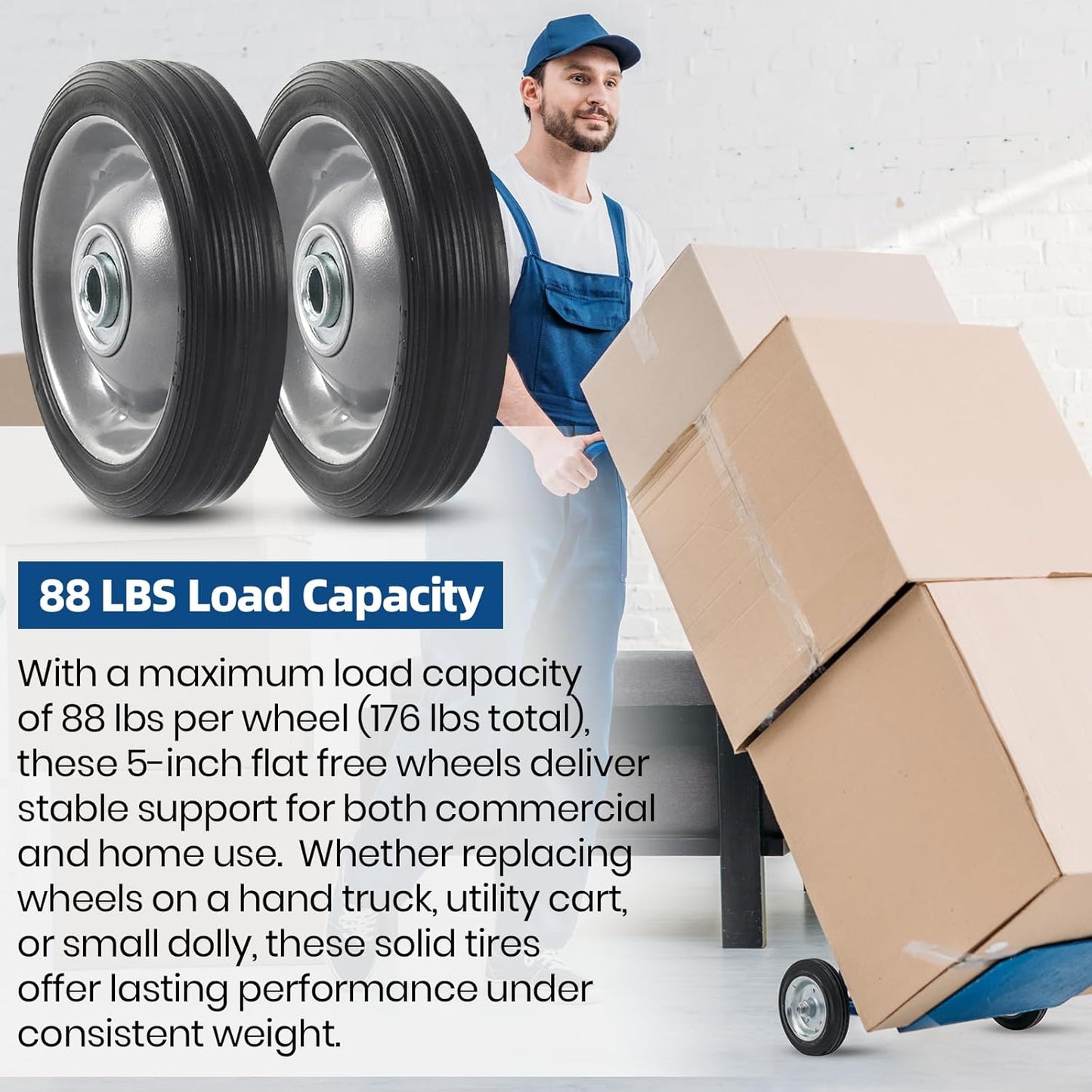 AR-PRO (2-Pack) 5" x 1.2" Flat Free Solid Rubber Wheel Assemblies - Replacement Hand Truck Wheels with Ball Bearings and 1/2" Bore Hole Diameter - Heavy-Duty Solid Rubber Tire 88 lbs Load Capacity